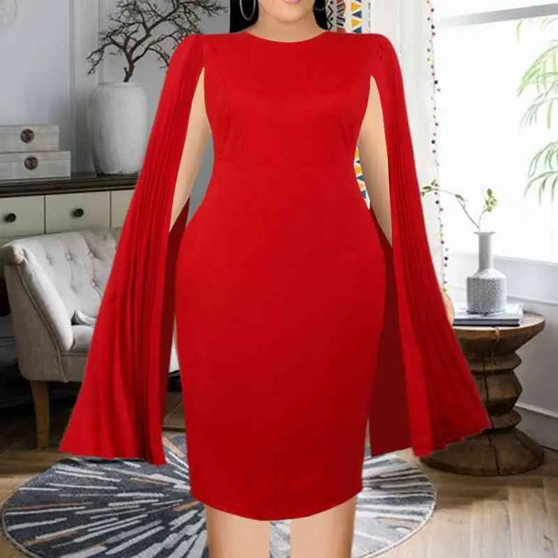 O Neck Women Midi Dress Clock Sleeve Pleated Elastic Package Hip Christmas Evening Party Celebrate Event Robes Plus Size XXXL 210527