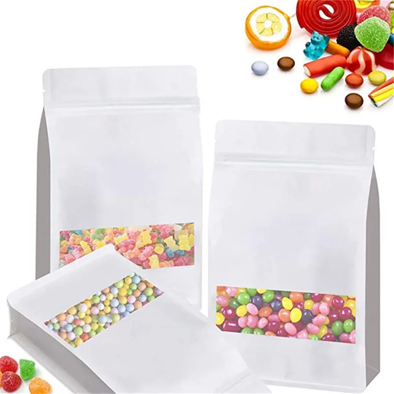 Reusable Stand Up Kraft Paper Bags Coffee Snack Cookie Gifts Storage Bags with Window Food Storage Pouch