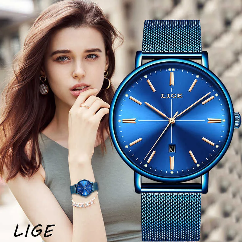 LIGE Blue Watch Femmes Marque De Luxe Robe De Mode Quartz Montre Dames Plein Acier Bracelet En Maille Montre Étanche Relogio Feminino 210527