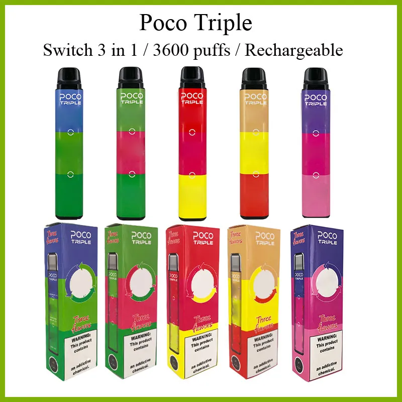 POCO Triple 3600 Puffs laddningsbar engångspenna elektronisk cigarett med switch 3 i 1 9 ml pod och 1000mAh batteri 5 färger