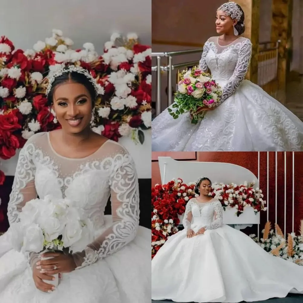 Luxury Plus Storlek Bröllopsklänningar African Aso Ebi Beading Bridal Gowns Långärmad Crystal Lace Appliqued Sequined Vestidos de Novia