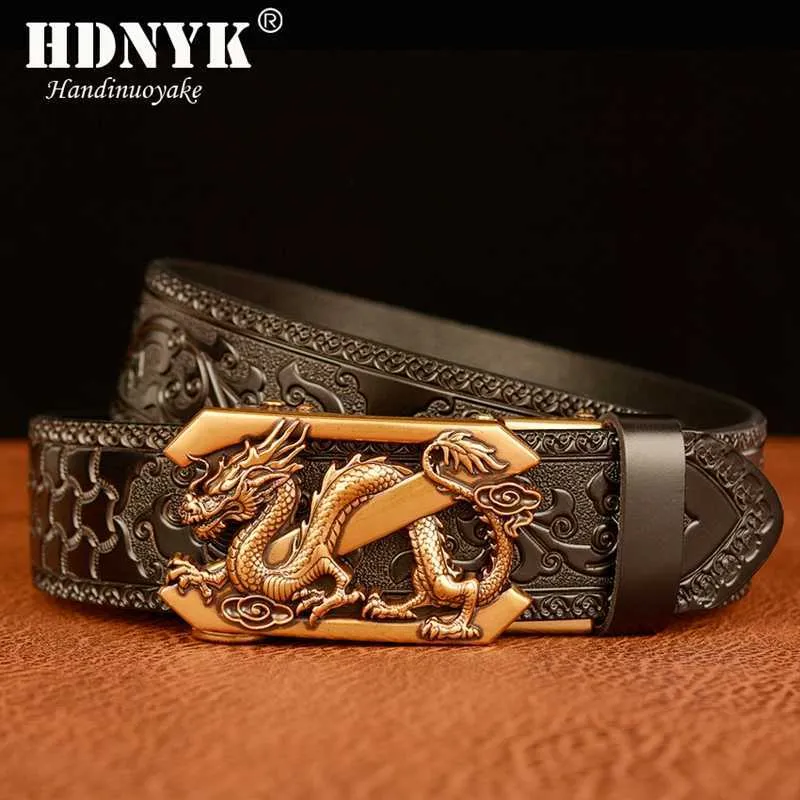 2021 nouveau Arrivel gaufrage rétro technologie ceintures pour hommes véritable ceinture en cuir de vachette avec motif Dragon boucle automatique X0726