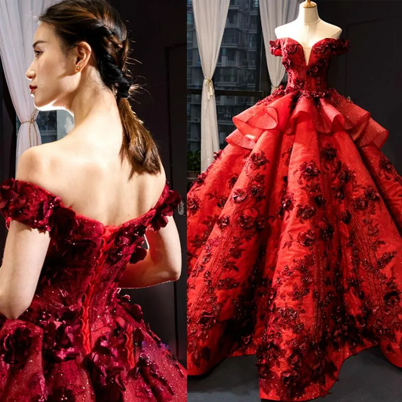 Dark Red Off The Shoulder 3D Quinceanera Flower Dresses Glamorous Plus Size Lace Appliqued Beads Evening Party Sweet 16 Prom Dress