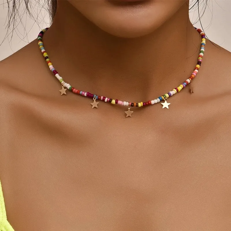 Gargantilla con cuentas de playa para mujer, Collar bohemio colorido hecho a mano con borla corta, Collar de estrella, regalos de joyería