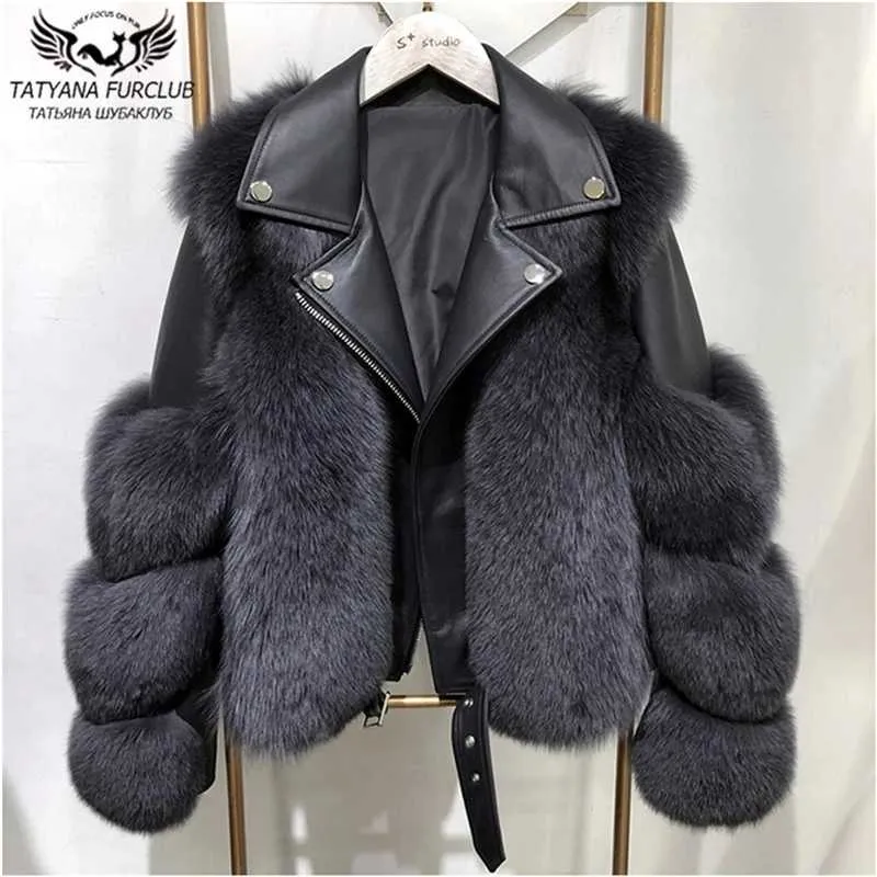 Mode d'hiver femmes manteaux de fourrure de renard véritable avec cuir de peau de mouton véritable peau entière veste de fourrure de renard naturel vêtements de luxe 210927