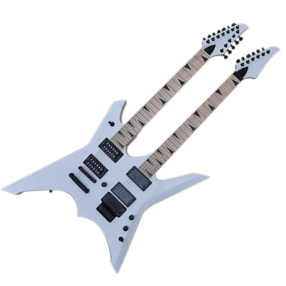 Factory outlet white 12+6 strings double neck electric guitar with maple fretboard,24 frets,can be customized