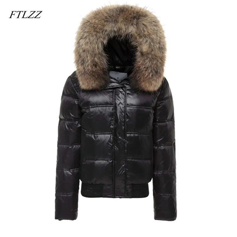 Ftlzz Real Raccoon Fur Winter Jacket Mulheres Manga Longa Slim Branco Duck Down Parkas Feminino Bolsos Com Capuz Casaco Outwear 210204