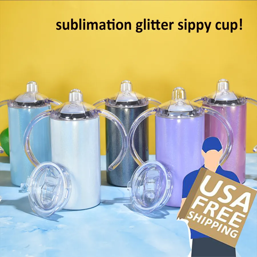 Magazzino degli Stati Uniti Bicchieri a sublimazione da 12 once 2 in 1 Glitter Sippy Cup Bicchiere luccicante dritto Due coperchi Tazze per bambini in acciaio inossidabile Maniglia Biberon a doppia parete per neonati