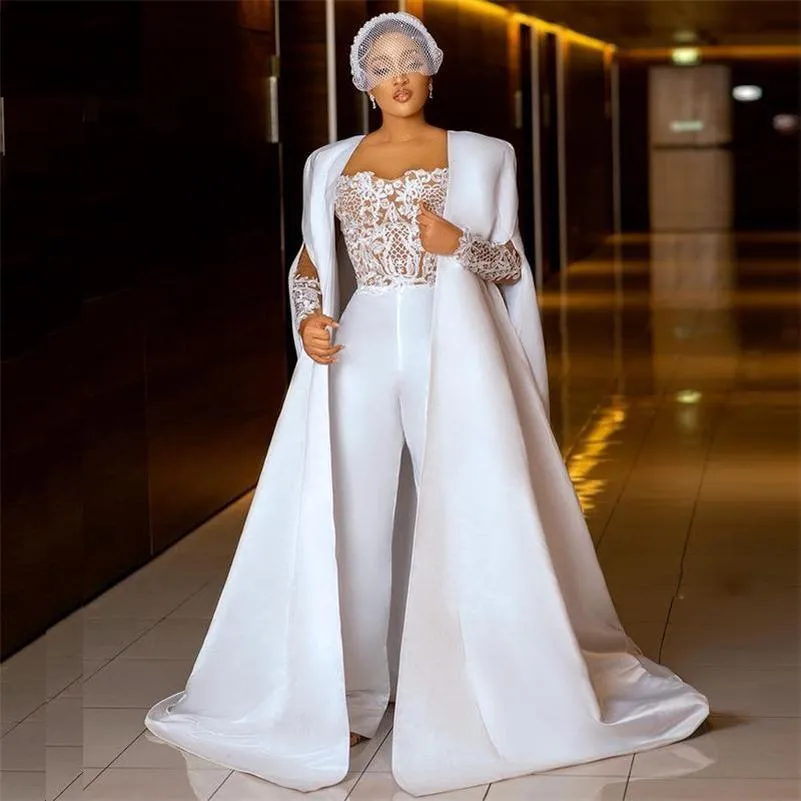 2021 Jumpsuit bröllopsklänningar spetsar långärmad outfit brudklänningar plus storlek African Robe de Marie
