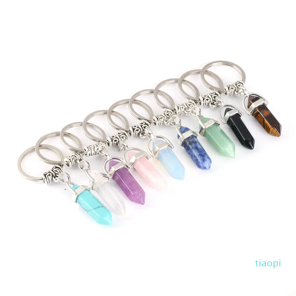 Fashion Prism Natural Stone Pendant Keychain Natural Quartz Stone Key Rings Pink Crystal Key Chains Accessories