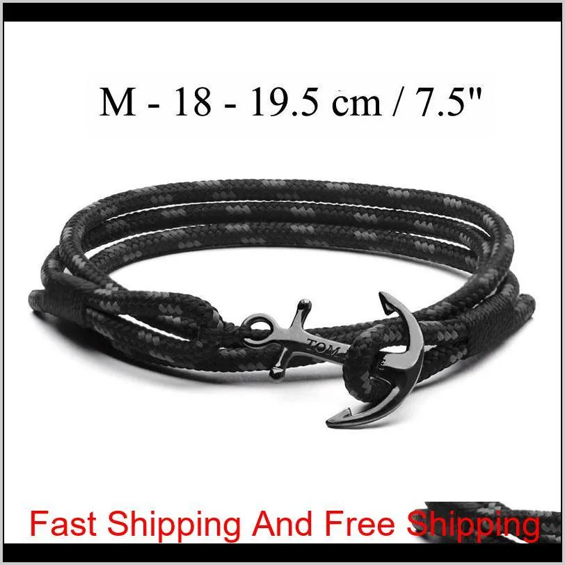 tom hope bracelet 4 size handmade triple black thread rope bracelet bangle stainless steel black anchor charms bracelet with box and tag