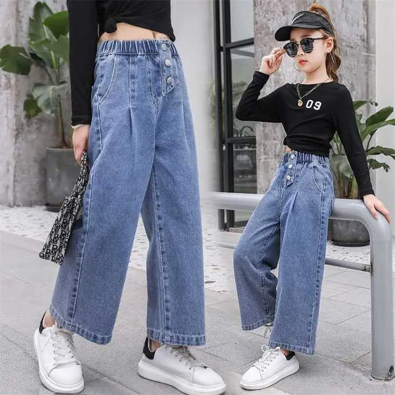 Girls Spring and Autumn Wide Leg Denim Pants Solid Elastic Waist Kids Jeans  Korean Straight 3-13 Years Old Children's Trousers 211102