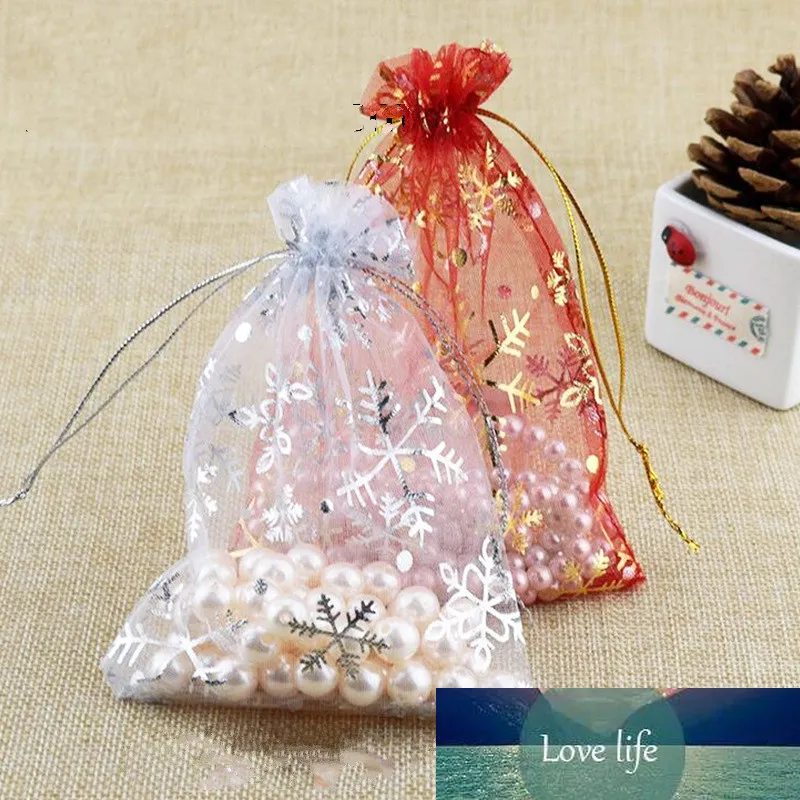 100 pièces 7*9cm Transparent Organza bijoux sacs blanc rouge flocon de neige conception noël bonbons cadeau bricolage emballage pochettes