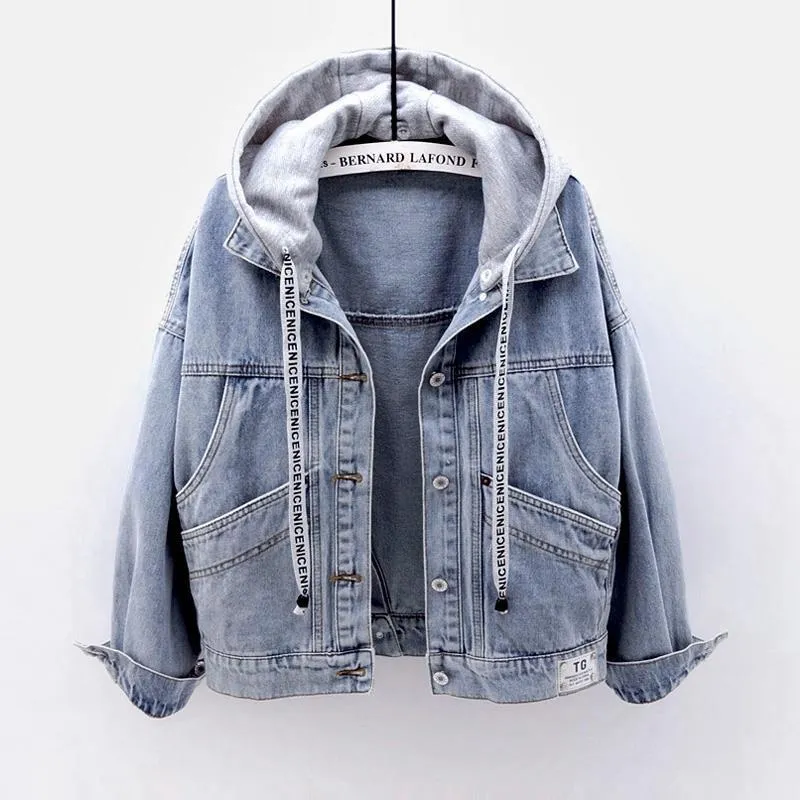 Frauenjacken 2021 Herbst Denim Mantel Lose Koreanische Frau Langarm BF Kapuzenjacke Große Tasche Top Paar Outfit Jean