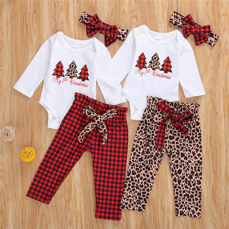 Giyim Setleri Güzel Bebek Erkek Kız Pamuk Giysi Mektup Ağacı Baskılı Tulum Ekose Pantolon Xmas Doğan Noel Kıyafetleri