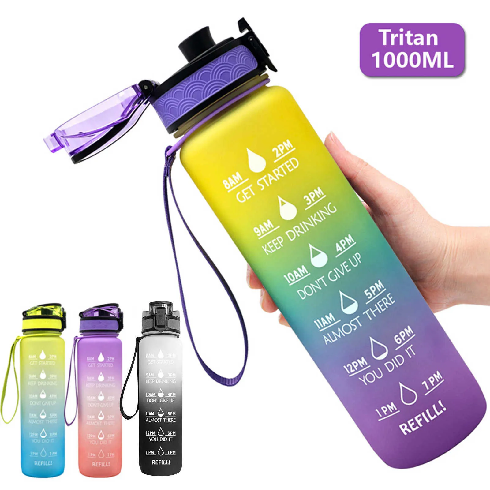 1L Tritan Water Bottle With Time Marker Bounce Cover Motivational Water Bottle Cycling Leakproof Cup For Sports Fitness Bottles Y0915