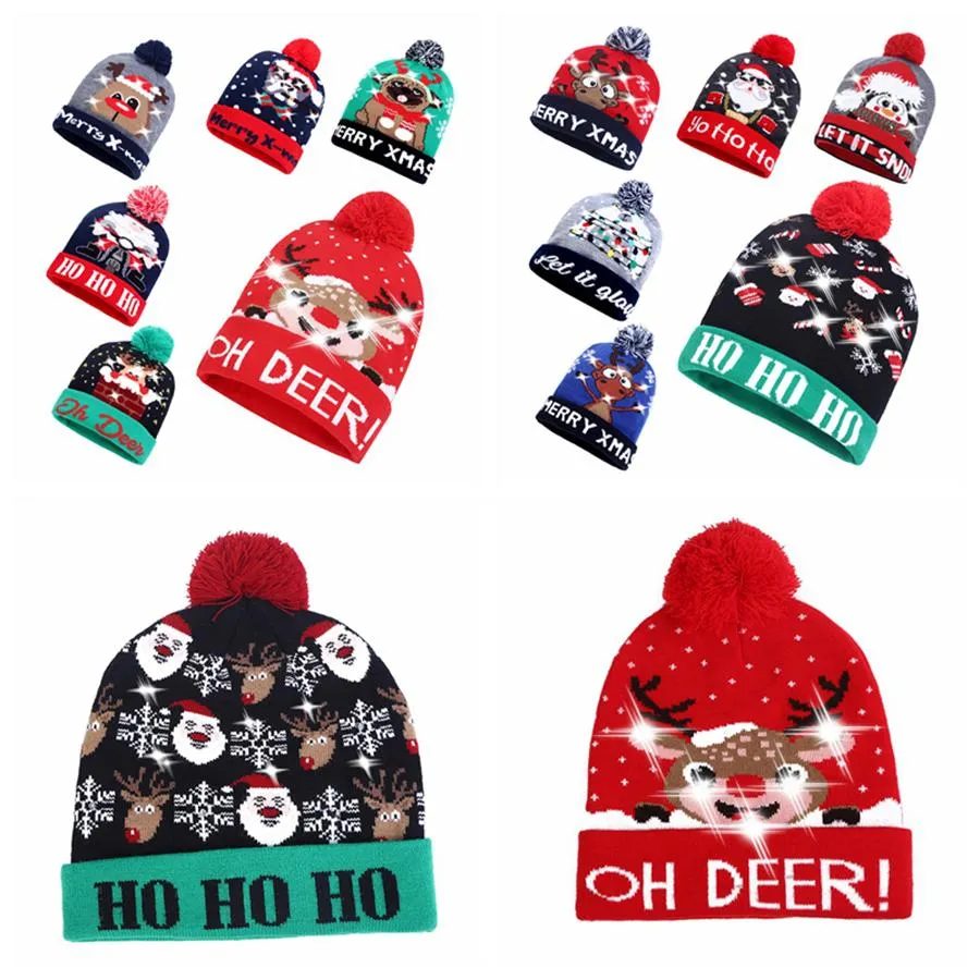 Led jul stickning hatt ledd belysning pom beanie barn vuxen snöflinga xmas virka hattar lampor stickade boll cap party present rra2475