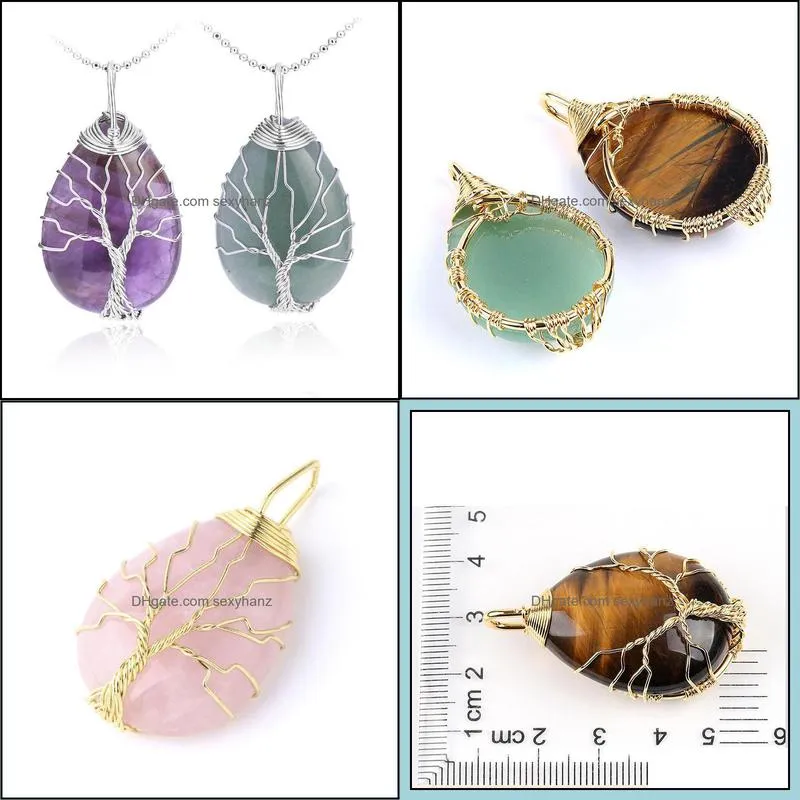 Pendant Necklaces Wire Wrapped Tree Of Life Natural Gemstone Teardrop Necklace Healing Crystal Chakra Jewelry For Women - Amethyst