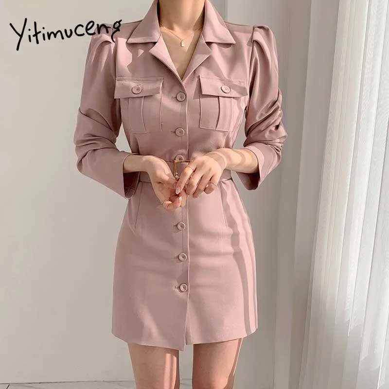 Yitimuceng Office Lady Dress for Women Sashes Button Up Klänningar Svart Vit Khaki Rosa High Waist Spring Korean Fashion 210601