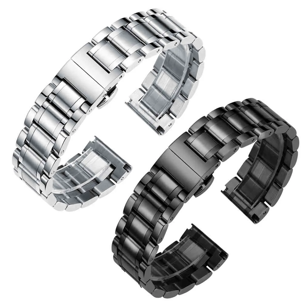 18mm 20mm 22mm 24mm Metal Watchbands Bracelet Black/Silver Polished Stainless Steel Clocks Watch Strap Accessories