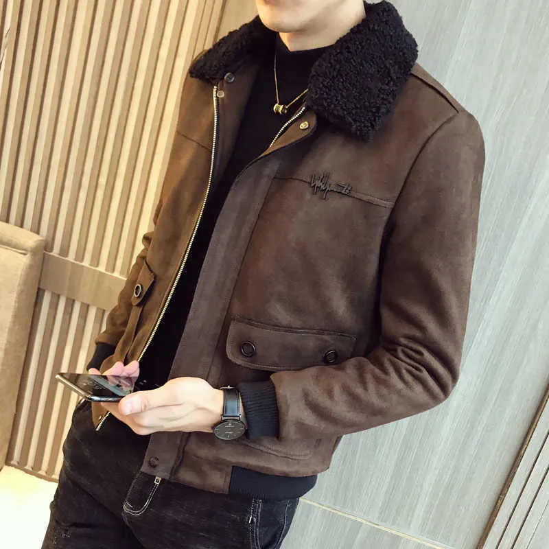 Mens suede jacket on sale with fur collar