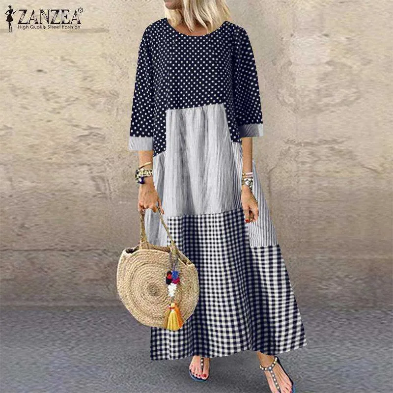 Casual Plaid Kaftan Sundress Dames Zanzea Spliced ​​Jurken Gedrukt Maxi O-hals Vakantie Boheemse Vestidos Robe Femme Y0823