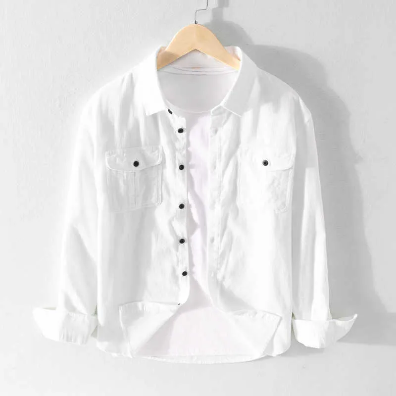 Corduroy långärmad klänningskjorta för män 100% bomullsknapp upp skjorta manlig smal vit vintage mode kläder trender 210601