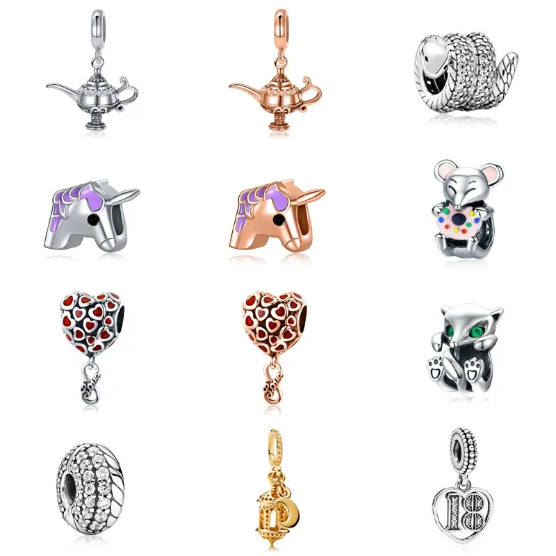 Fits Pandora Bracelets 20pcs Snake Unicorn Teapot Heart Fox Crystal Pendant Charms Beads Silver Charms Bead For Women Diy European Necklace Jewelry