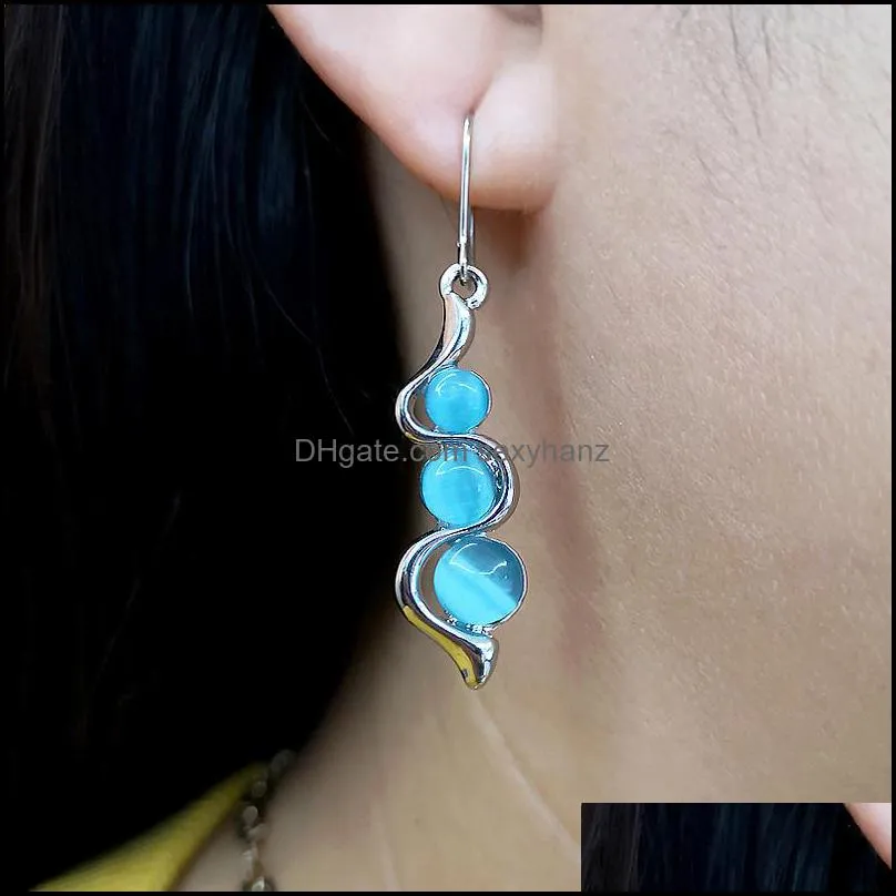 S2159 Bohemian Fashion Jewelry Curve Wave Dangle Earrings Blue Cat`s Eye Earring