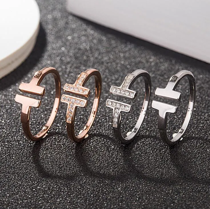 Fashion Hot Love Jewelry S925 Sterling Silver Rings For Women Open Diamond Rings Rose Gold Letter T Style Wedding Ring