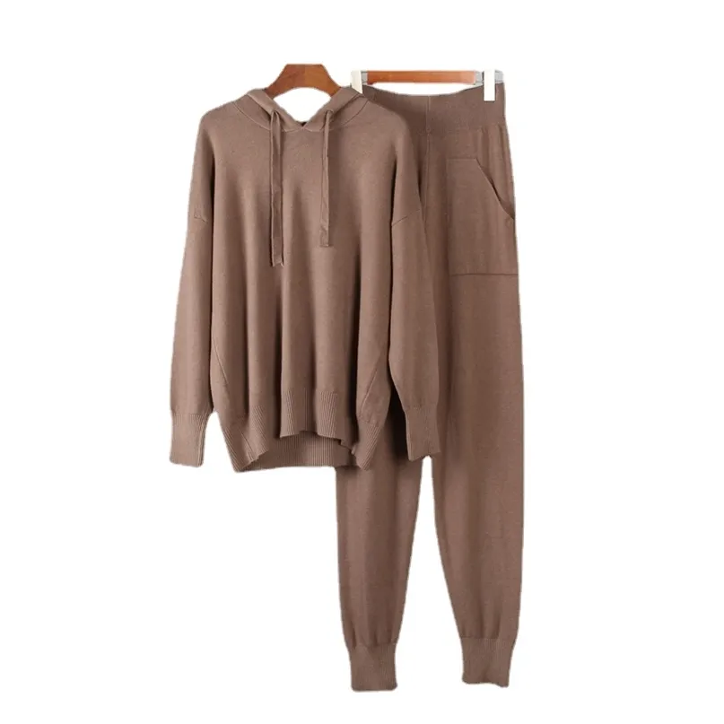 Cashmere Casual Dois Peça De Malha Calças Calças Com Capuz Camisola Mulheres Outono Inverno Conjuntos Feminino Tracksuits Harem Pant 211126