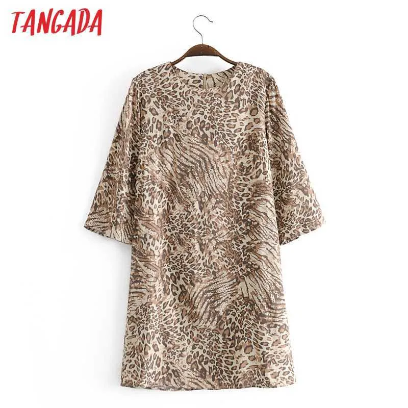 Tangada Spring Women Animal Print Dress Back Zipper Ladies Loose Mini Dress Vestidos QW28 210609