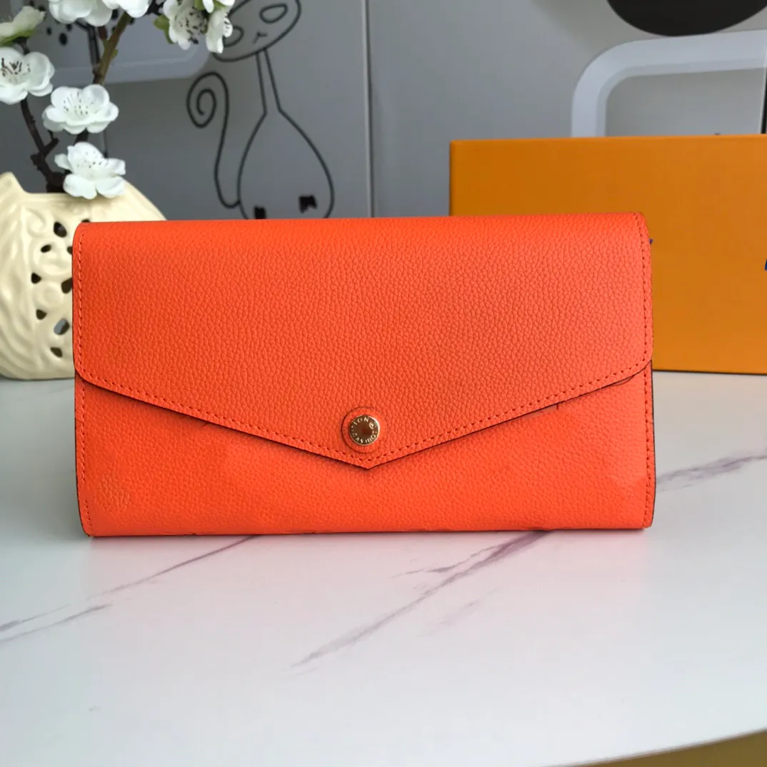 Designer de luxo sarah carteira inteira 7 cores moda único zíper pocke homens mulheres couro senhora senhoras bolsa longa com laranja b242w