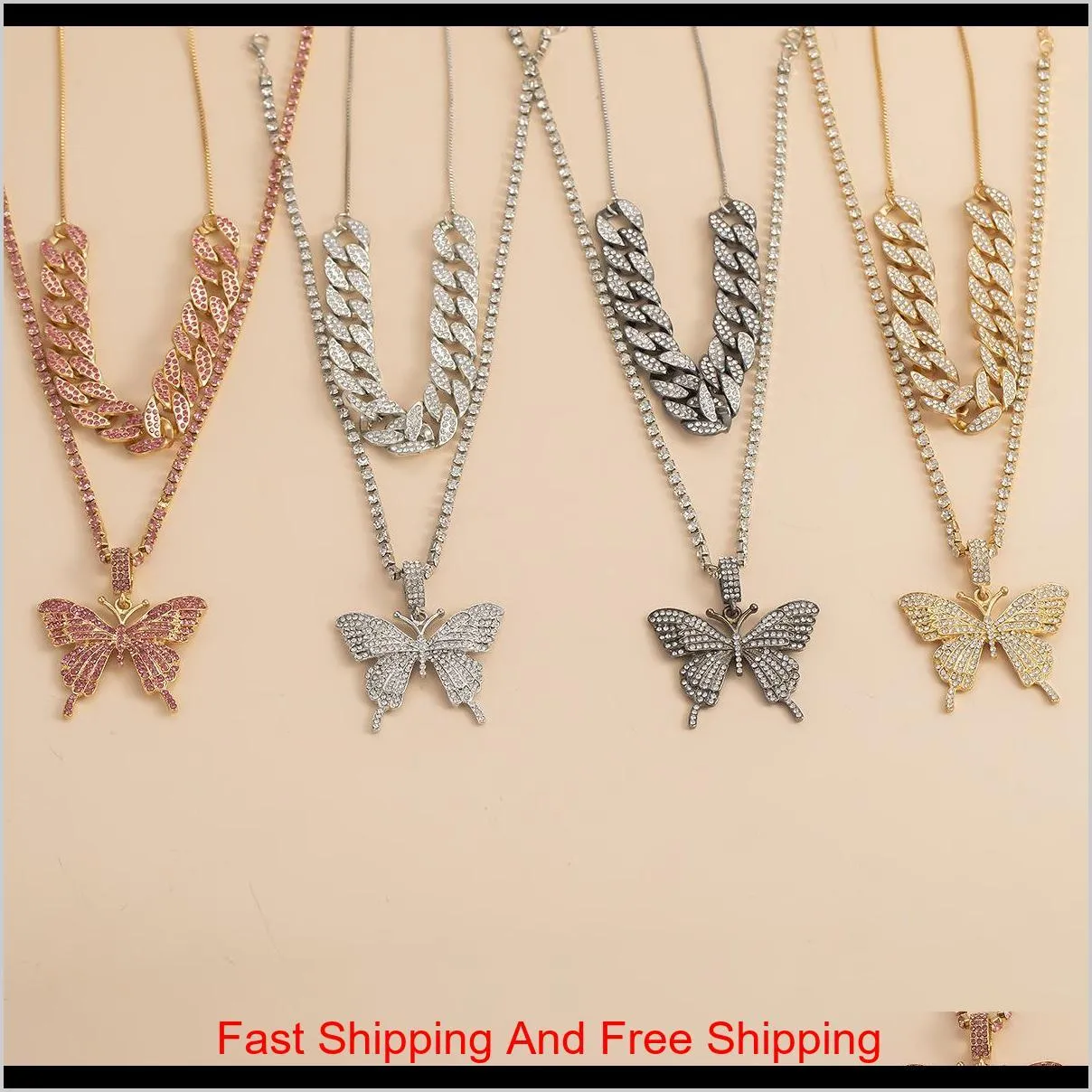 luxury women necklaces iced out cuban link chains butterfly pendant crystal rhinestone animal hip hop jewelry gold pink white k gun