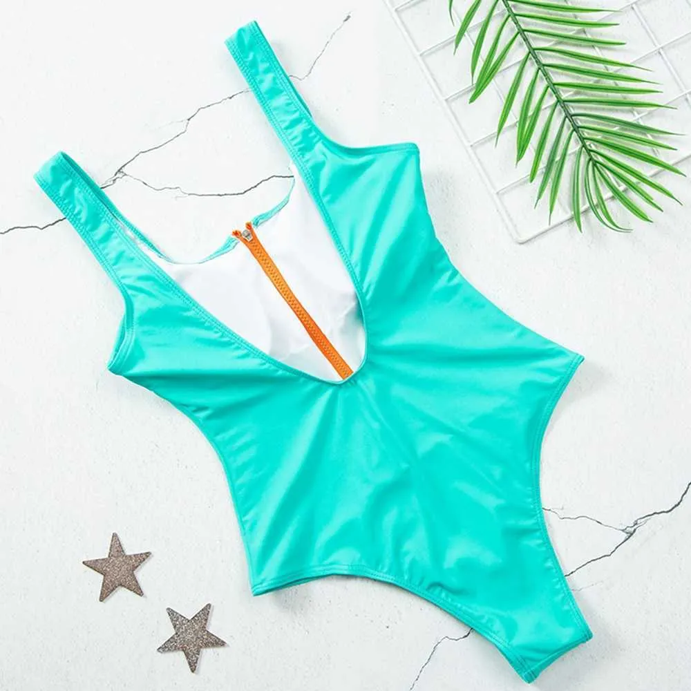 Push Up Solid Zipper Monokini onepiece swimsuit for Women