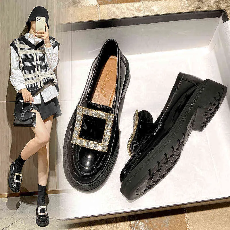 Dress Shoes British Style Leather Shoes Luxury Rhinestone Square Buckle Platform Loafers Flat Heel Sandals Women 220309