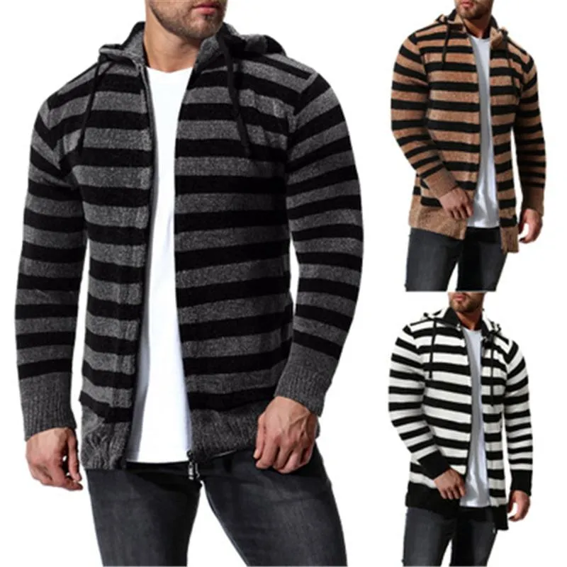 Męskie Stripe Knitting Swetry Moda Trend Z Długim Rękawem Cardigan Zipper Swetry Z Kapturem Płaszcze Męskie Wiosna Nowy Luźny Casual Sweter Sweter