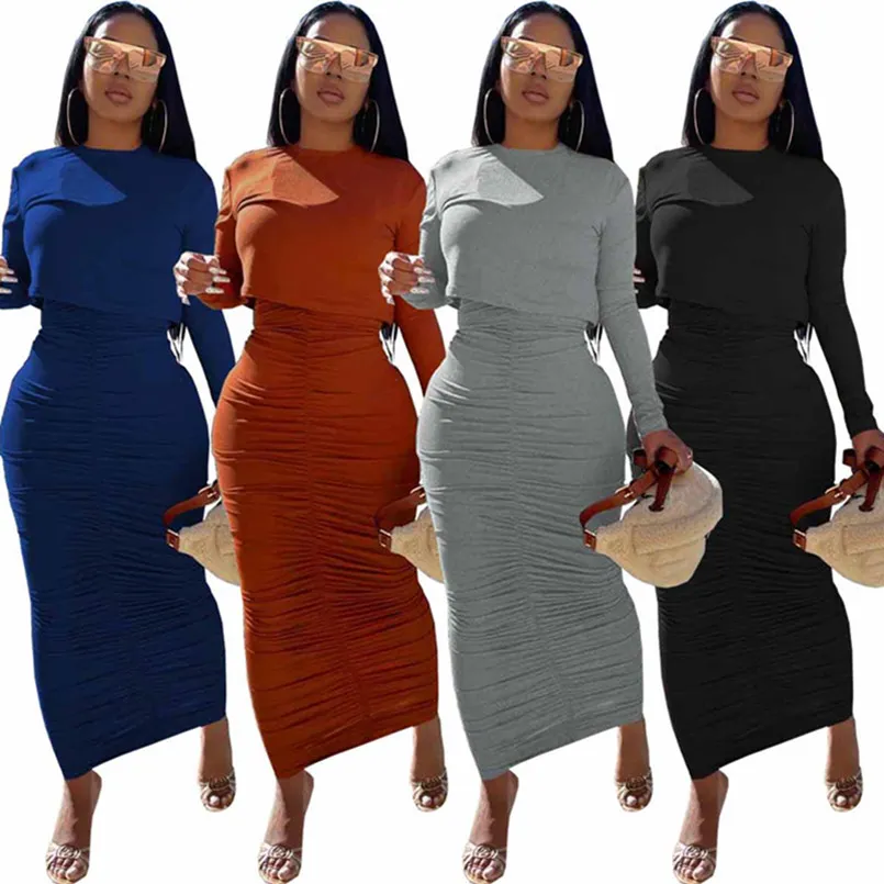 Nouveau automne hiver femmes robe ensembles grande taille sweat à manches longues + plis jupes crayon deux pièces ensemble jupe décontractée costumes noir haut hanche paquet robes 2 pièces 6336