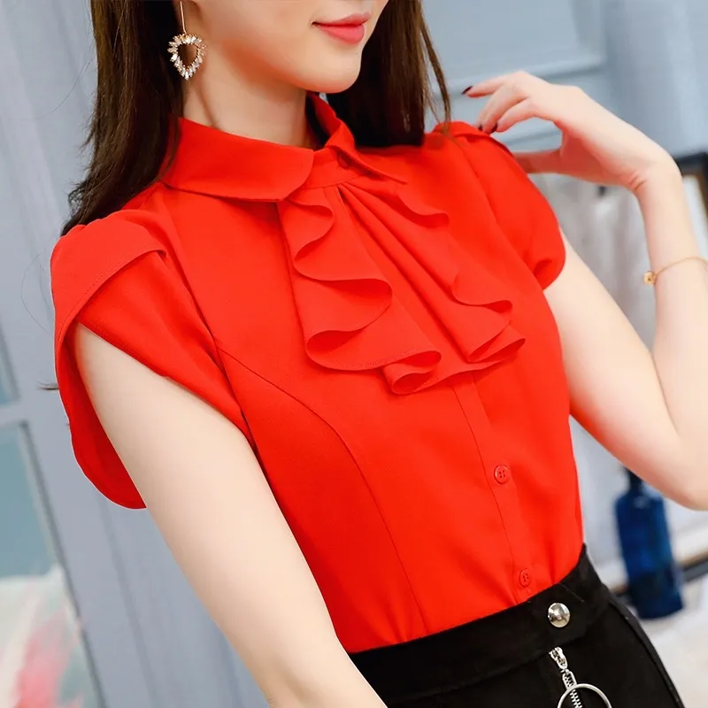 여름 여자 공식적인 깎아 지른 흰색 빨간 셔츠 여성을위한 짧은 소매 프릴 버튼 쉬폰 탑 및 블라우스 슬림 워크 블루카 210225