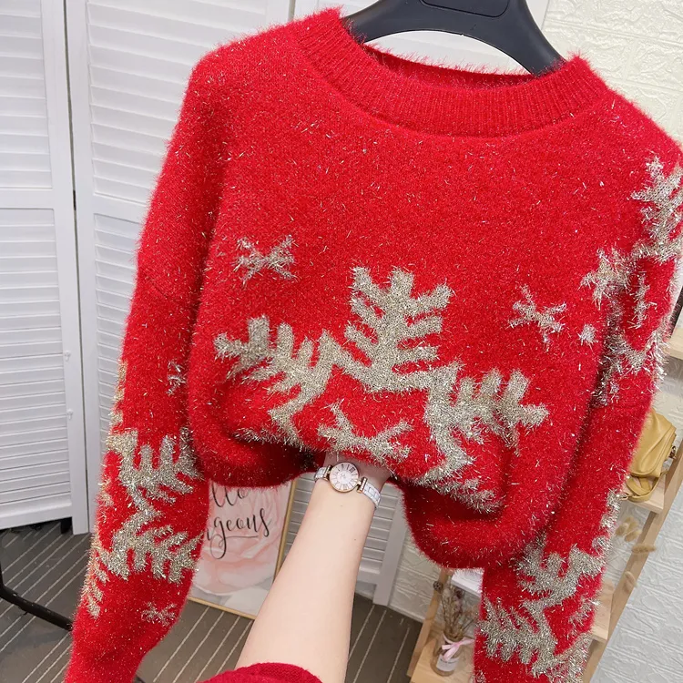 Nuovo design donna autunno inverno Natale Capodanno colore rosso modello fiocco di neve lurex patchwork bling lana mohair maglione lavorato a maglia