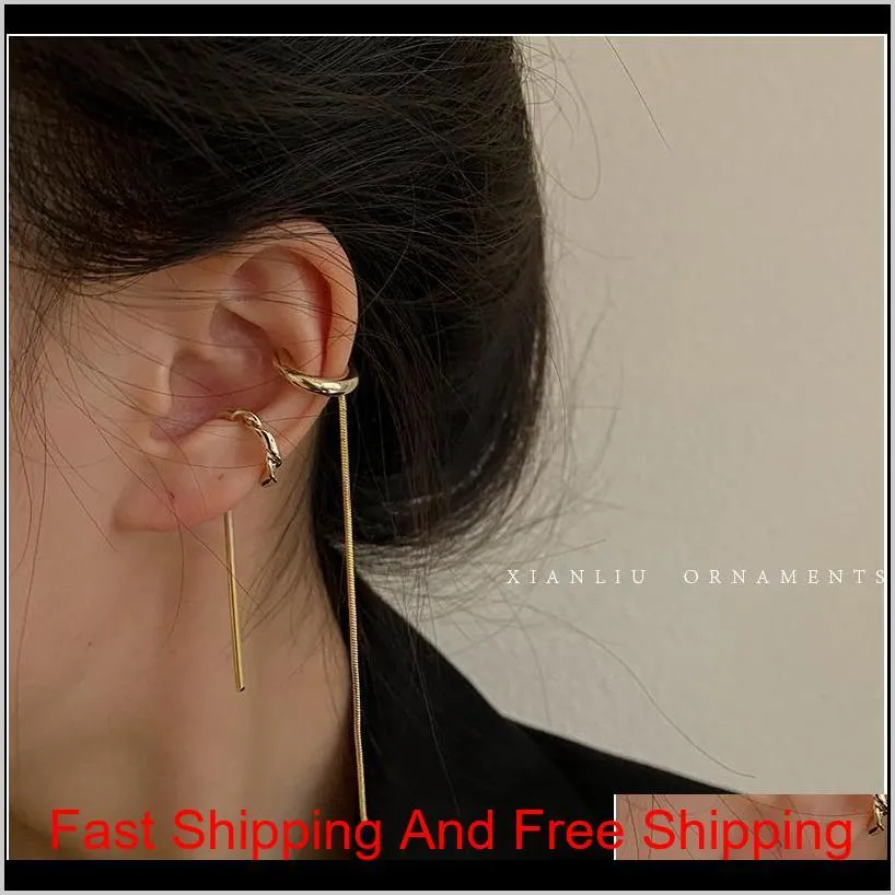 huanzhi 2020 new simple gold metal asymmetry long tassel no piercing ear cuff crystal hook clip earrings for women jewe jllyjk