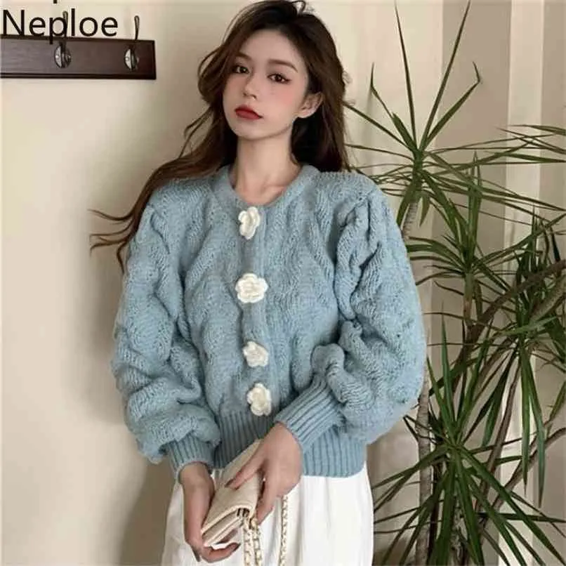 Neploe Cropped Sweater Korean Cardigan Crop Top Fashion Sweaters Sueter Coat Crochet Flower Cardigan Knit Pull Femme 210914