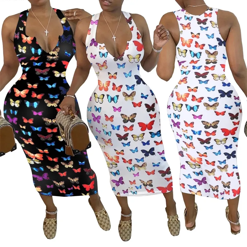 CM.YAYA Femmes Papillon Imprimer Sans Manches Col En V Moulante Mi-mollet Longueur Robe Sexy Party Club Midi Bandage Crayon Robes 210309