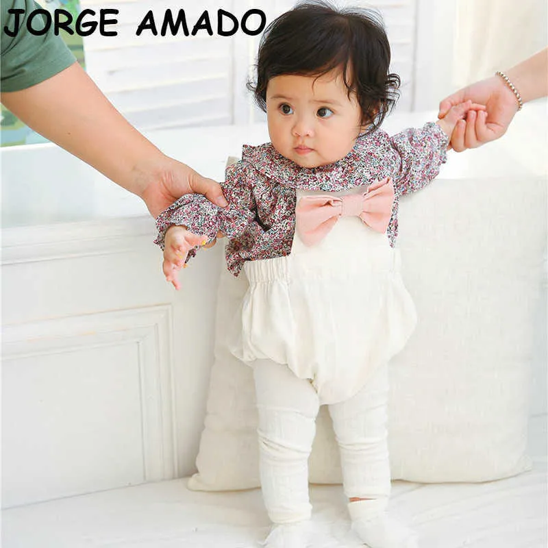 Baby Girls Set Floral Långärmad T-shirt Top + Bow Romper Övergripande Jumpsuit Barn Använd E70226 210610