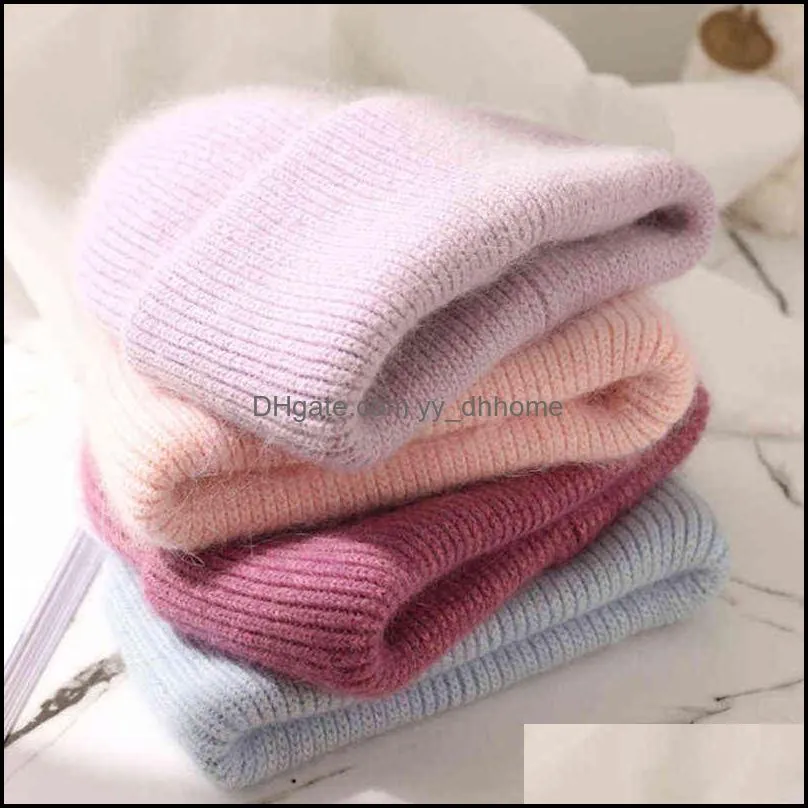 Winter Real Rabbit Fur Knitted Beanies For Women Fashion Solid Warm Cashmere Wool Skullies Beanies Female Three Fold Thick Hats 211228