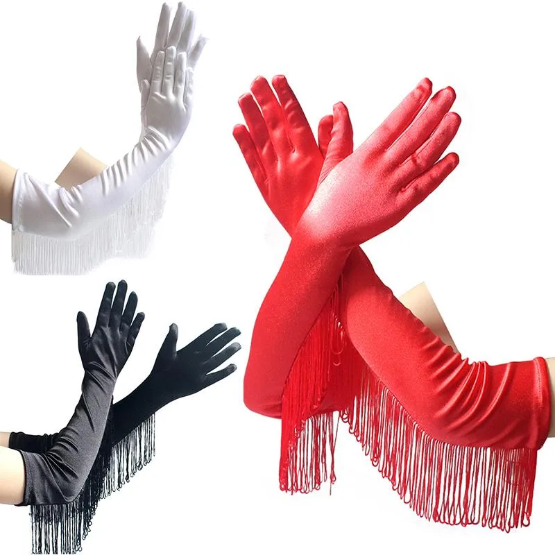 Fem fingrar handskar fransed lång satin mitten stretchy frans klänning tillbehör vuxen kostym för eevery brud och dam
