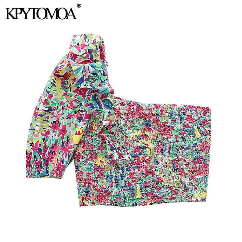 KPYTOMOA Women Sexy Fashion Floral Print Smocked Elastic Cropped Blouses Vintage One Shoulder Ruffled Female Shirts Chic Tops 210721