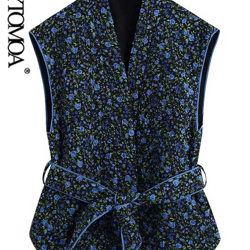 KPYTOMOA Kvinnor Mode med Bälte Blommigryck Tunn Polded Waistcoat Vintage V Neck Ärmlös Kvinna Ytterkläder Chic Veste 211101