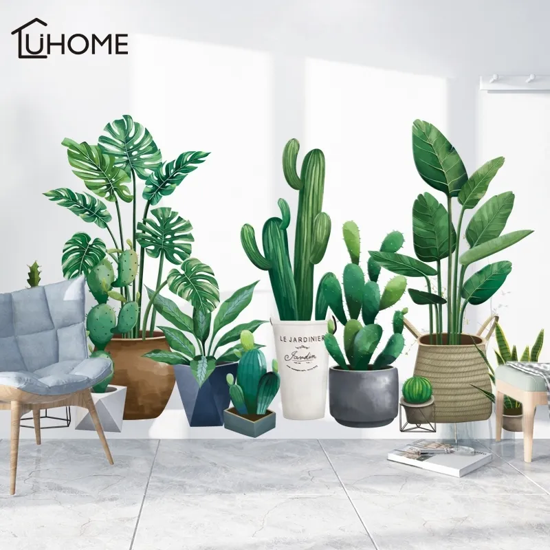 3D-grüne Pflanzenaufkleber für das Wohnzimmer Selbstklebende Tapete Nordic Style DIY Art Decals Schlafzimmer Wanddekoration 210310