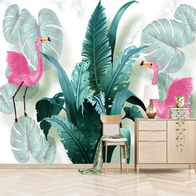 Fonds d'écran Milofi Personnalisé 3D Papier Peint Mural Nordique Petites Plantes Tropicales Fraîches Flamingo Salon Chambre Fond Décoration Murale Douleur